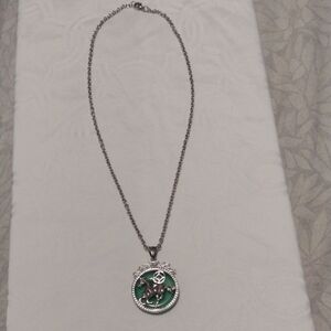 Silver-Tone Horse Pendant Necklace with Green Enamel